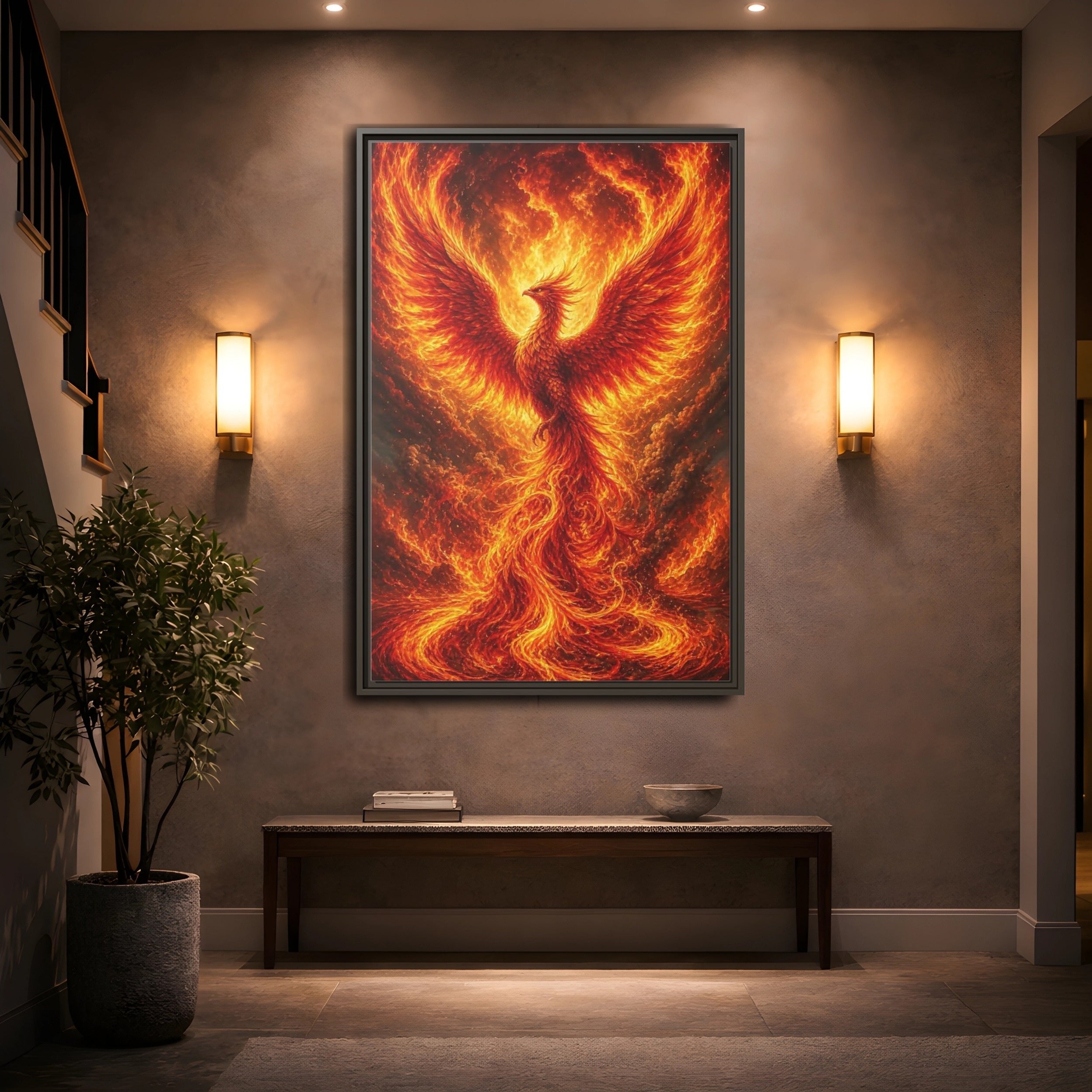 Mockup 2. Fairytale Phoenix Fiery Phoenix shown as stretched canvas wall art