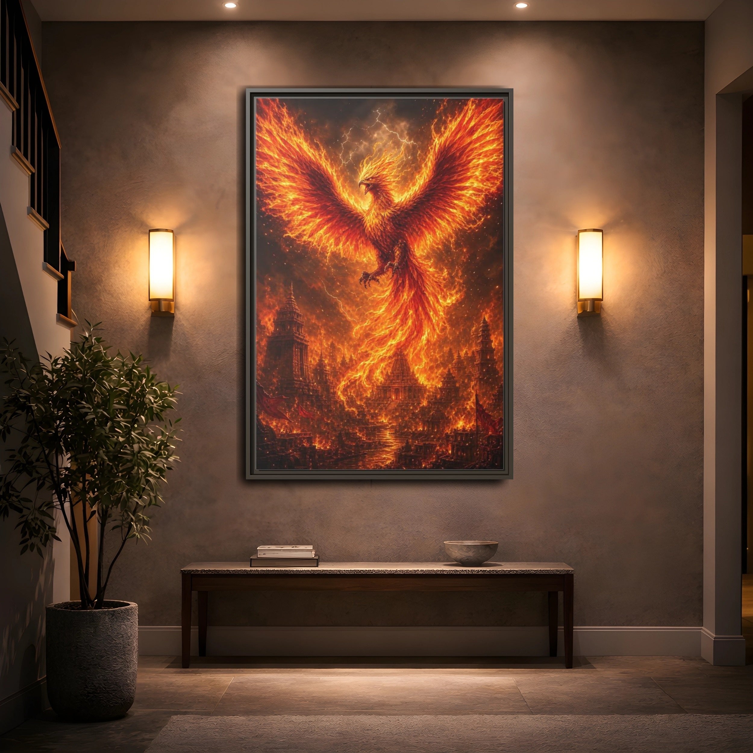 Mockup 2. Fairytale Phoenix Fiery Phoenix shown as stretched canvas wall art