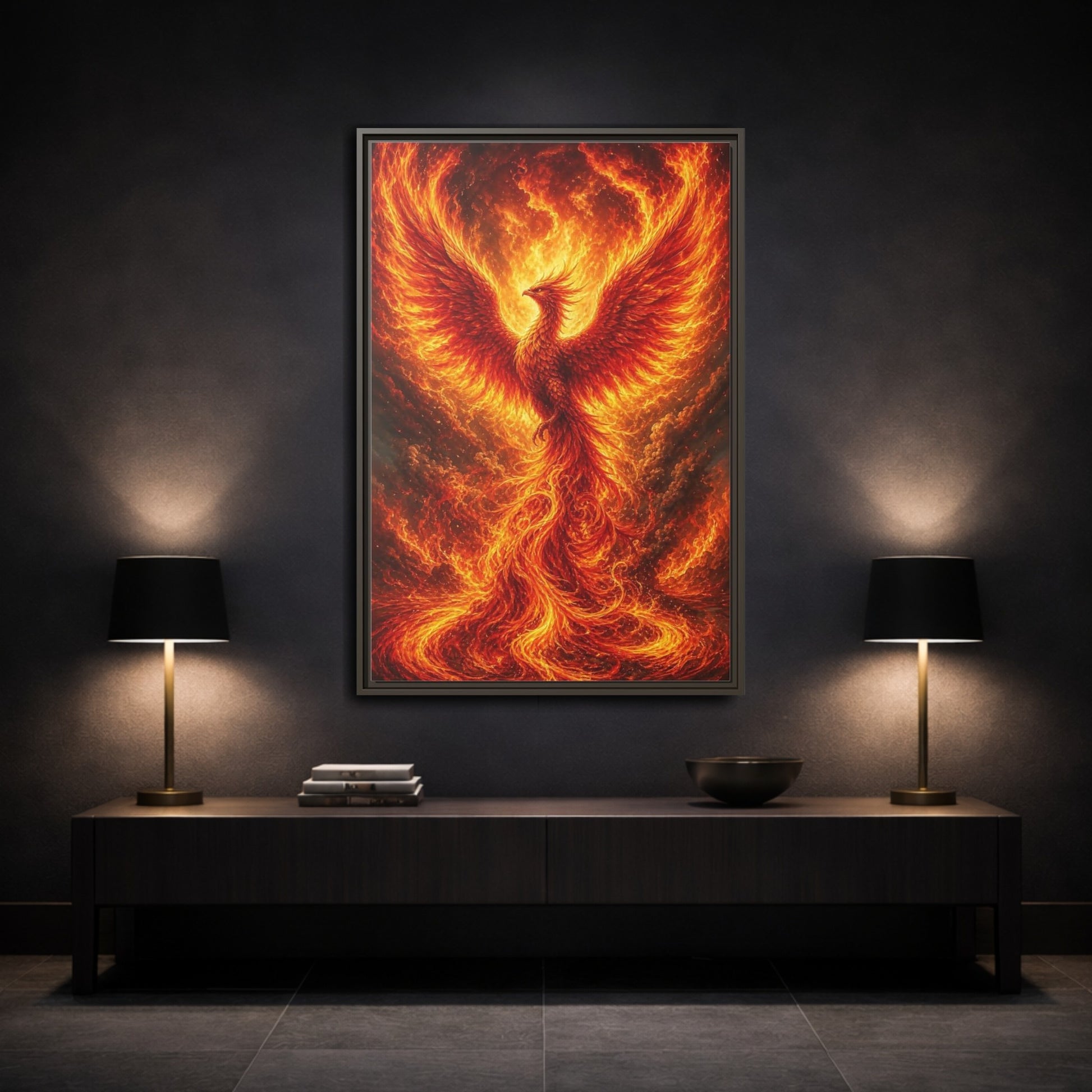 Mockup 3. Fairytale Phoenix Fiery Phoenix shown as stretched canvas wall art