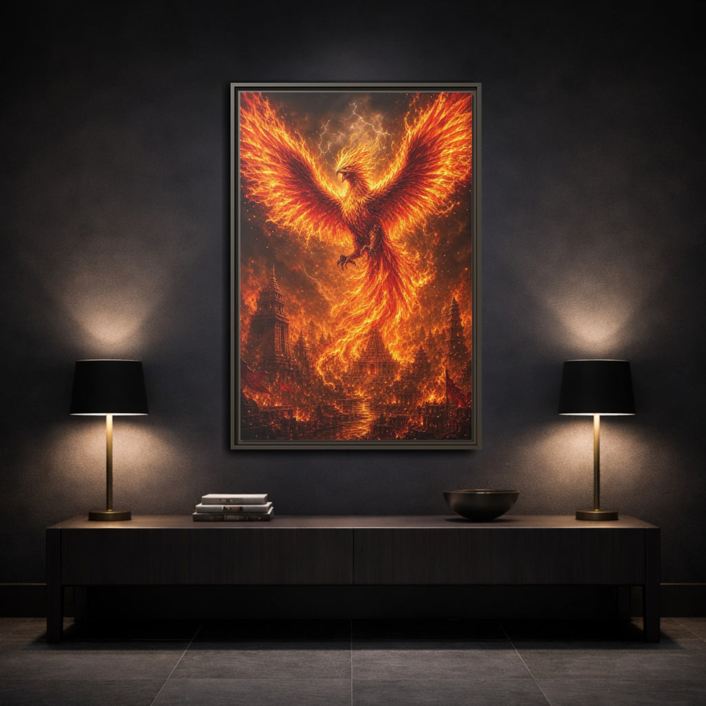 Mockup 3. Fairytale Phoenix Fiery Phoenix shown as stretched canvas wall art