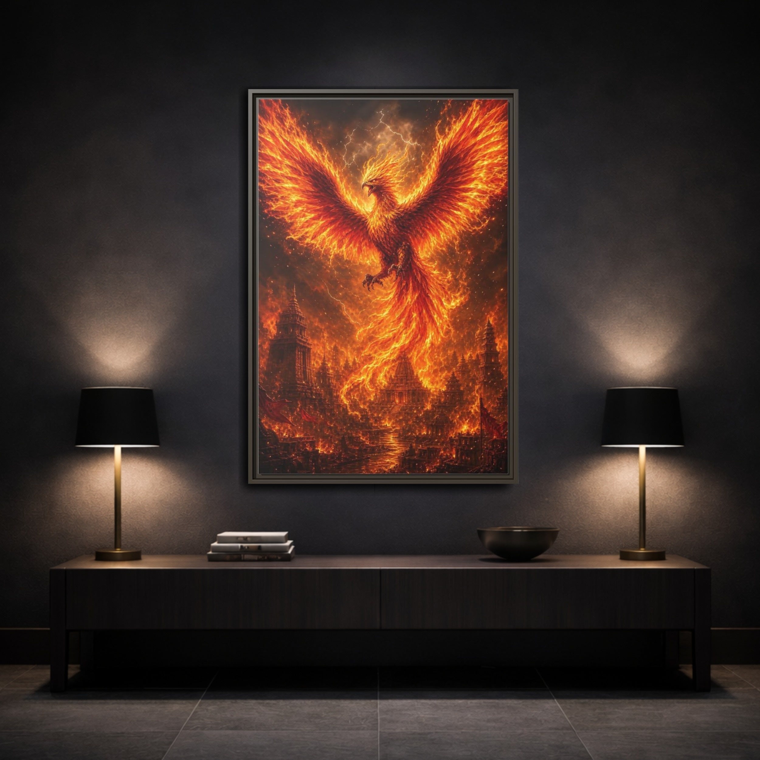 Mockup 3. Fairytale Phoenix Fiery Phoenix shown as stretched canvas wall art