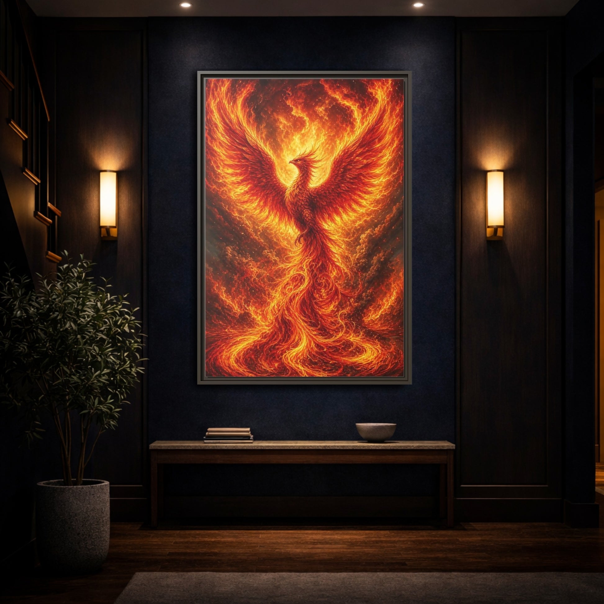 Mockup 4. Fairytale Phoenix Fiery Phoenix shown as stretched canvas wall art