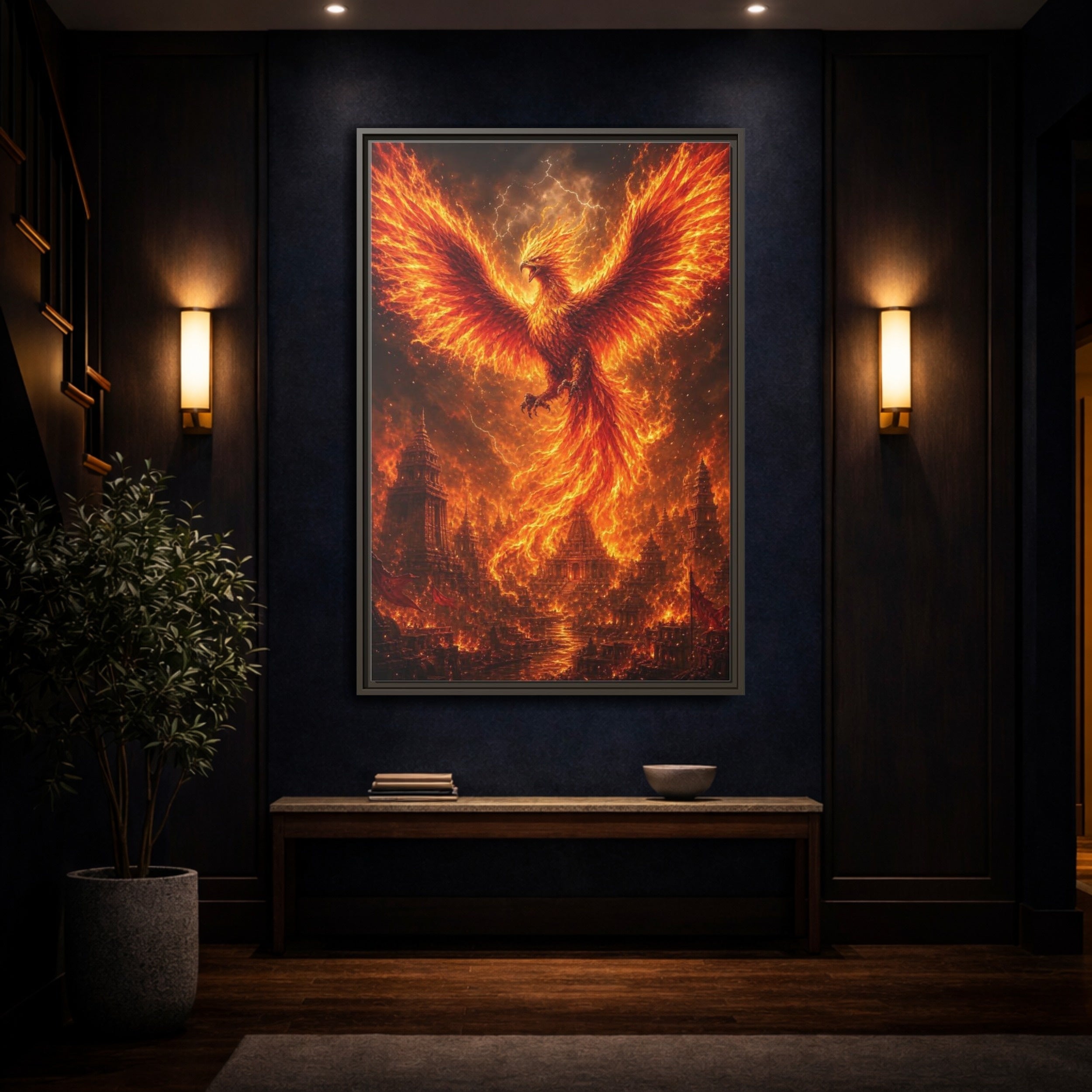 Mockup 4. Fairytale Phoenix Fiery Phoenix shown as stretched canvas wall art