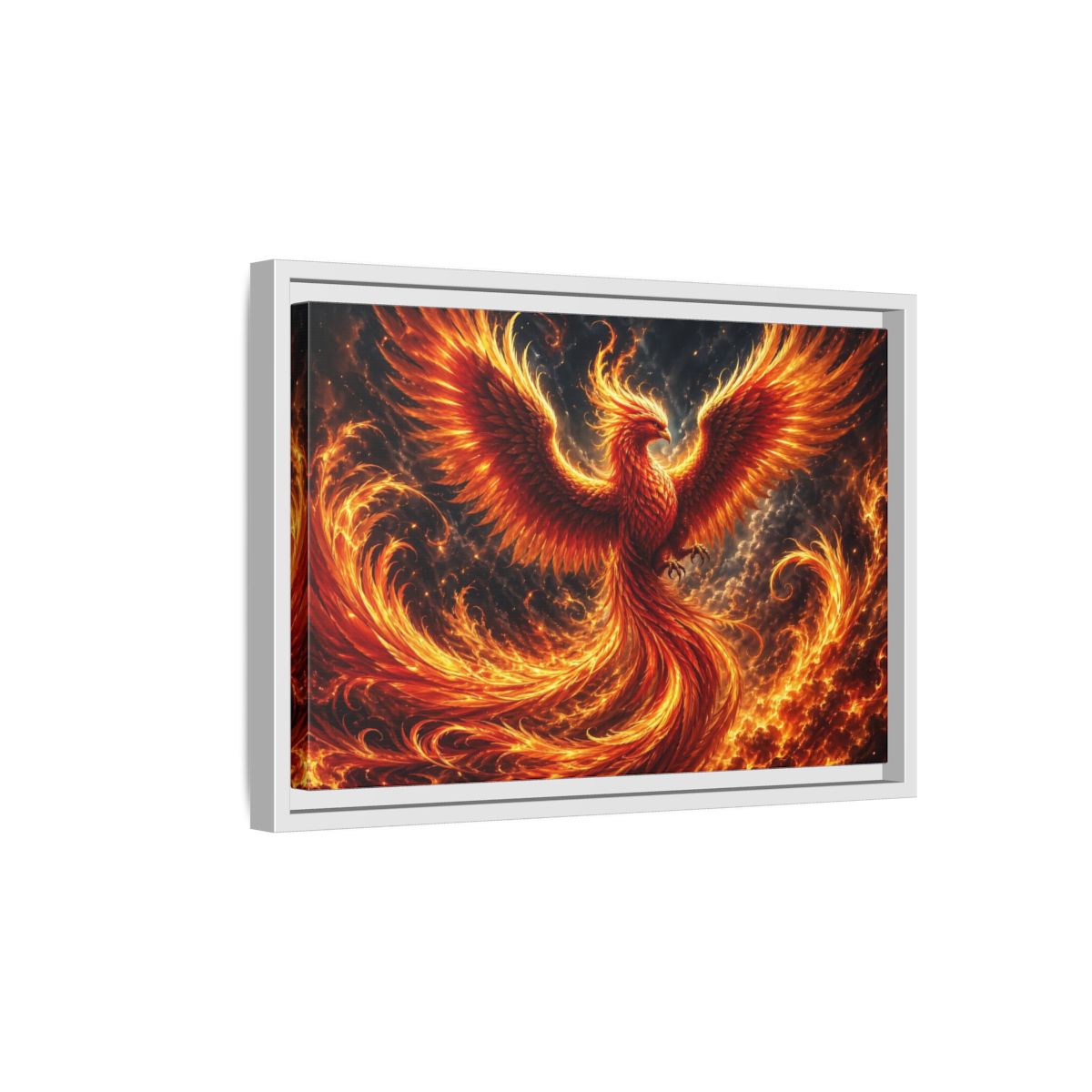Side Mockup 4. Fairytale Phoenix Red And Orange Phoenix shown as stretched canvas wall art
