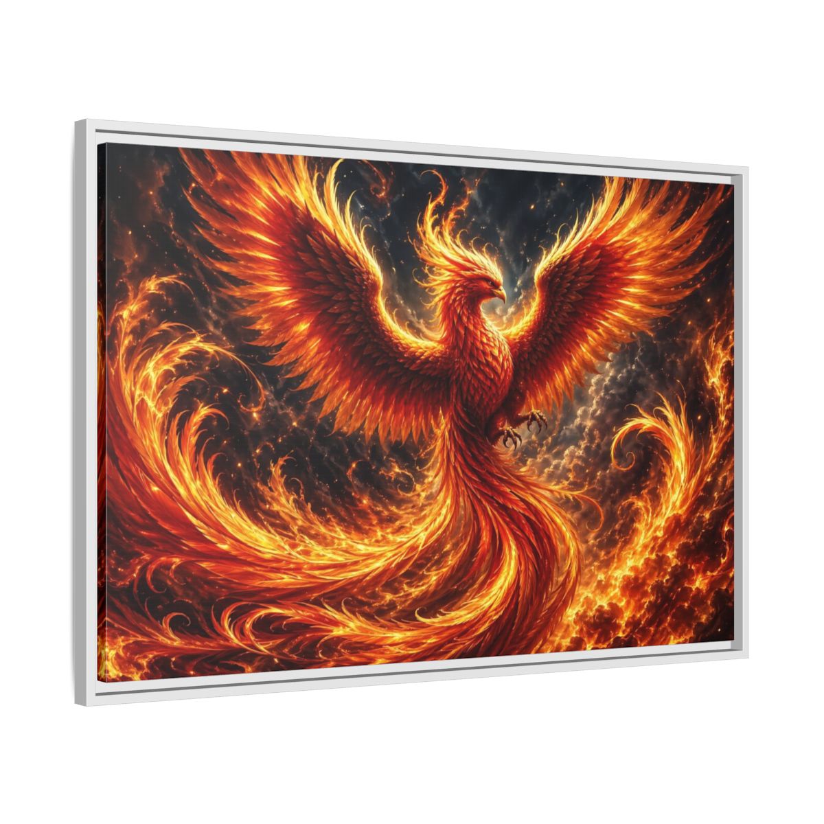 Side Mockup 9. Fairytale Phoenix Red And Orange Phoenix shown as stretched canvas wall art