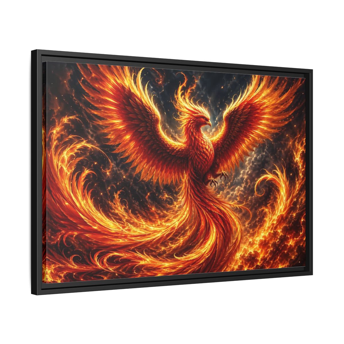 Side Mockup 14. Fairytale Phoenix Red And Orange Phoenix shown as stretched canvas wall art