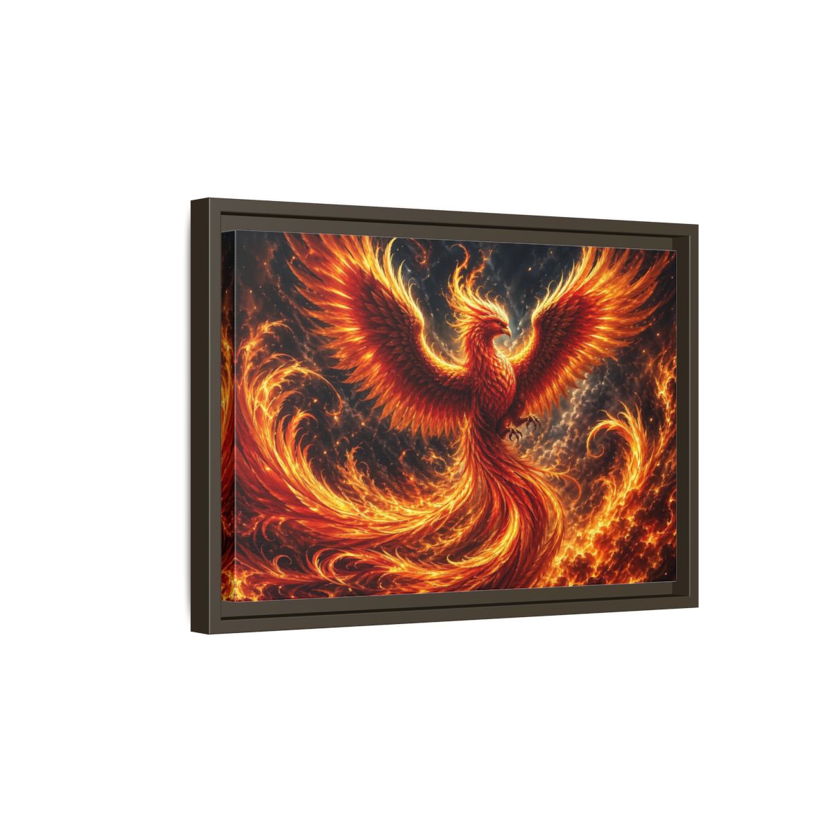 Side Mockup 5. Fairytale Phoenix Red And Orange Phoenix shown as stretched canvas wall art