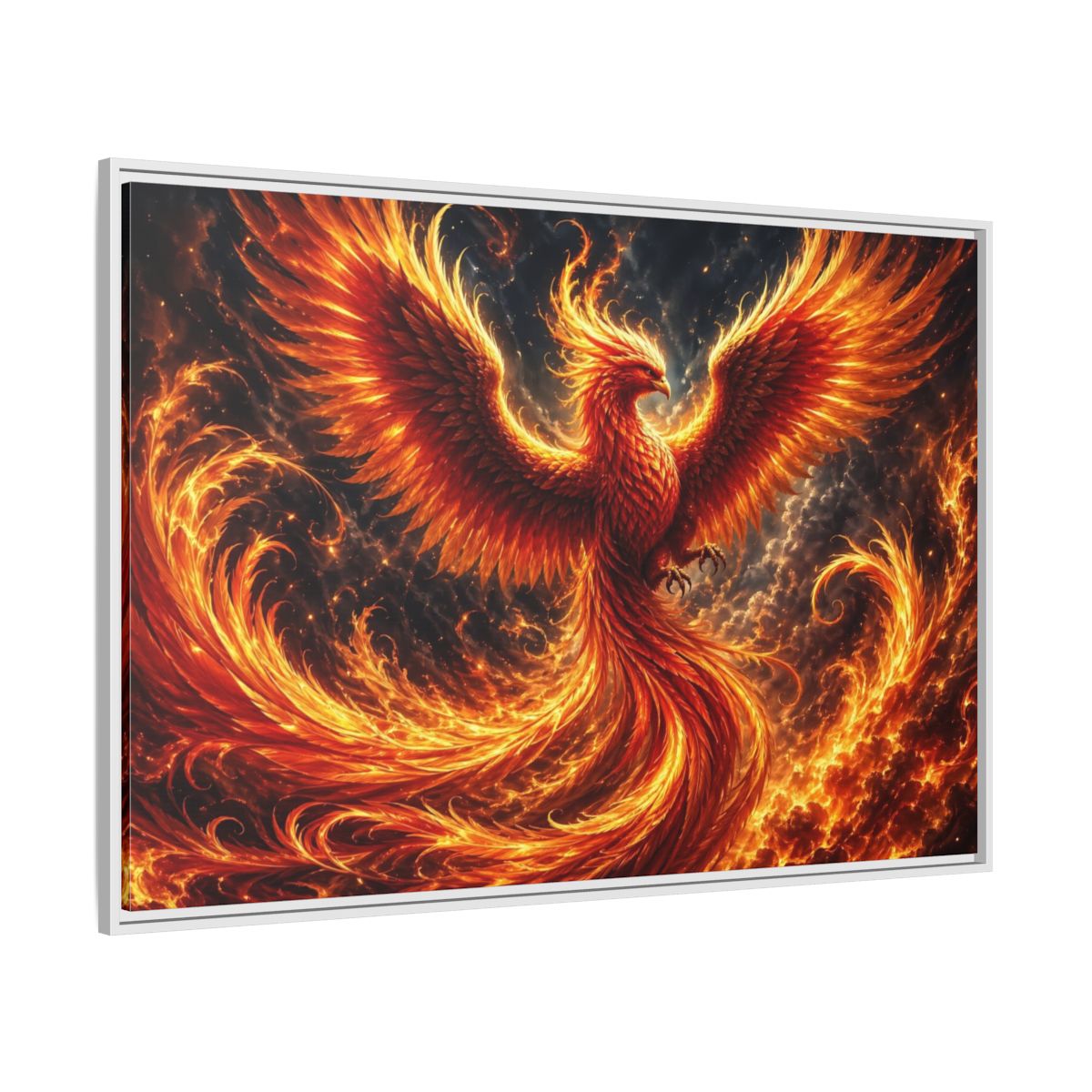 Side Mockup 7. Fairytale Phoenix Red And Orange Phoenix shown as stretched canvas wall art