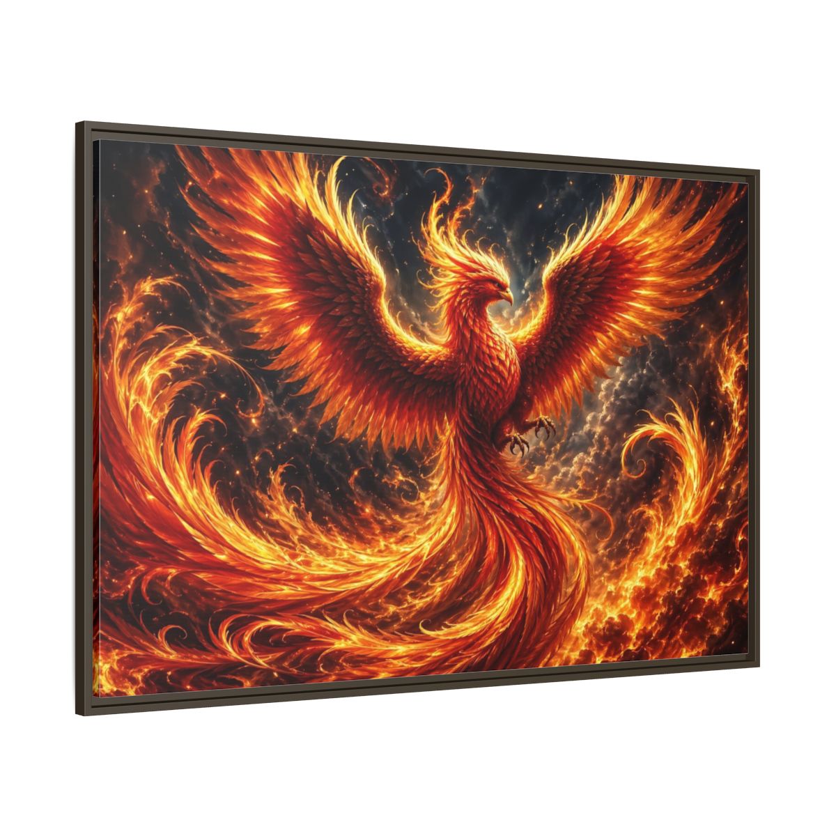 Side Mockup 8. Fairytale Phoenix Red And Orange Phoenix shown as stretched canvas wall art