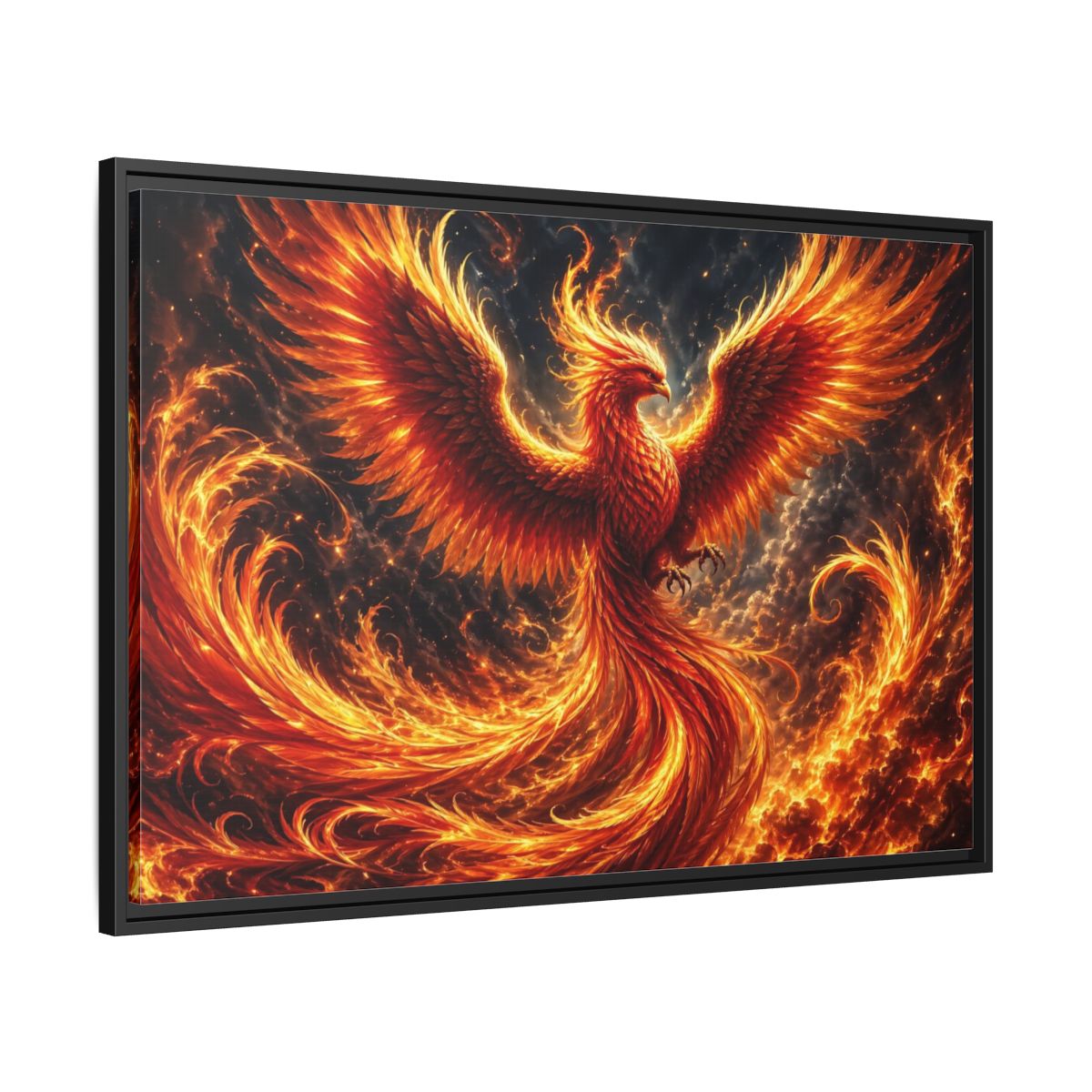 Side Mockup 13. Fairytale Phoenix Red And Orange Phoenix shown as stretched canvas wall art