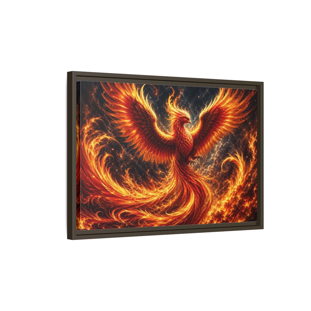 Side Mockup 2. Fairytale Phoenix Red And Orange Phoenix shown as stretched canvas wall art
