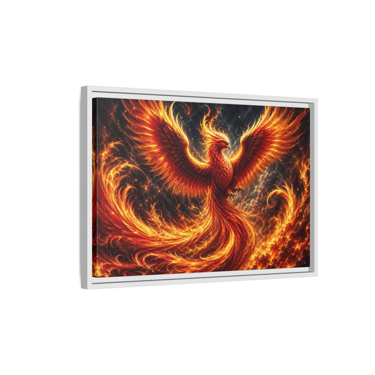 Side Mockup 1. Fairytale Phoenix Red And Orange Phoenix shown as stretched canvas wall art