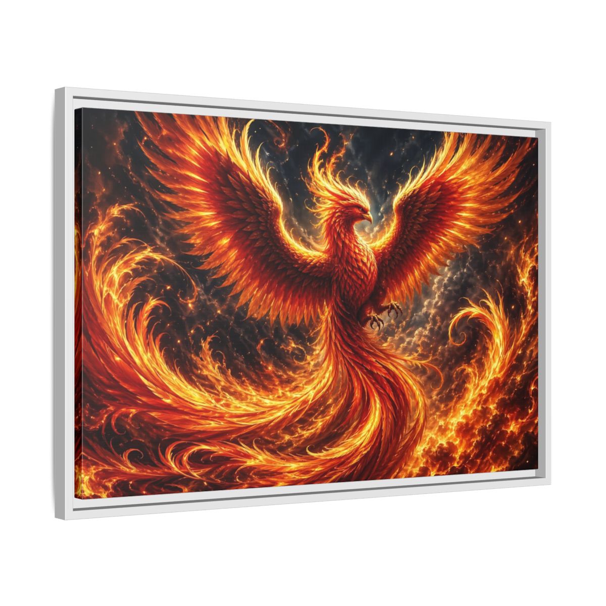 Side Mockup 10. Fairytale Phoenix Red And Orange Phoenix shown as stretched canvas wall art