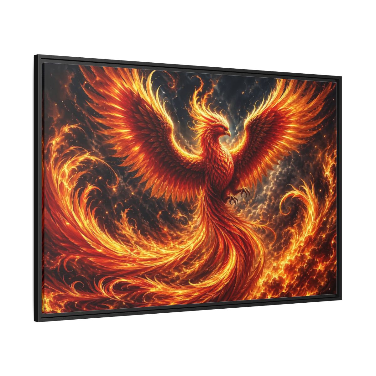 Side Mockup 12. Fairytale Phoenix Red And Orange Phoenix shown as stretched canvas wall art