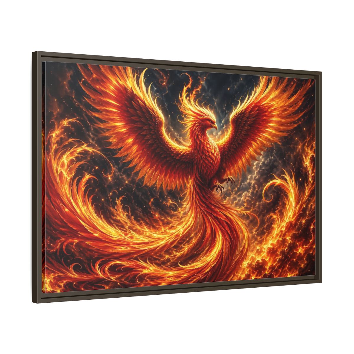Main Mockup. Fairytale Phoenix Red And Orange Phoenix shown as stretched canvas wall art
