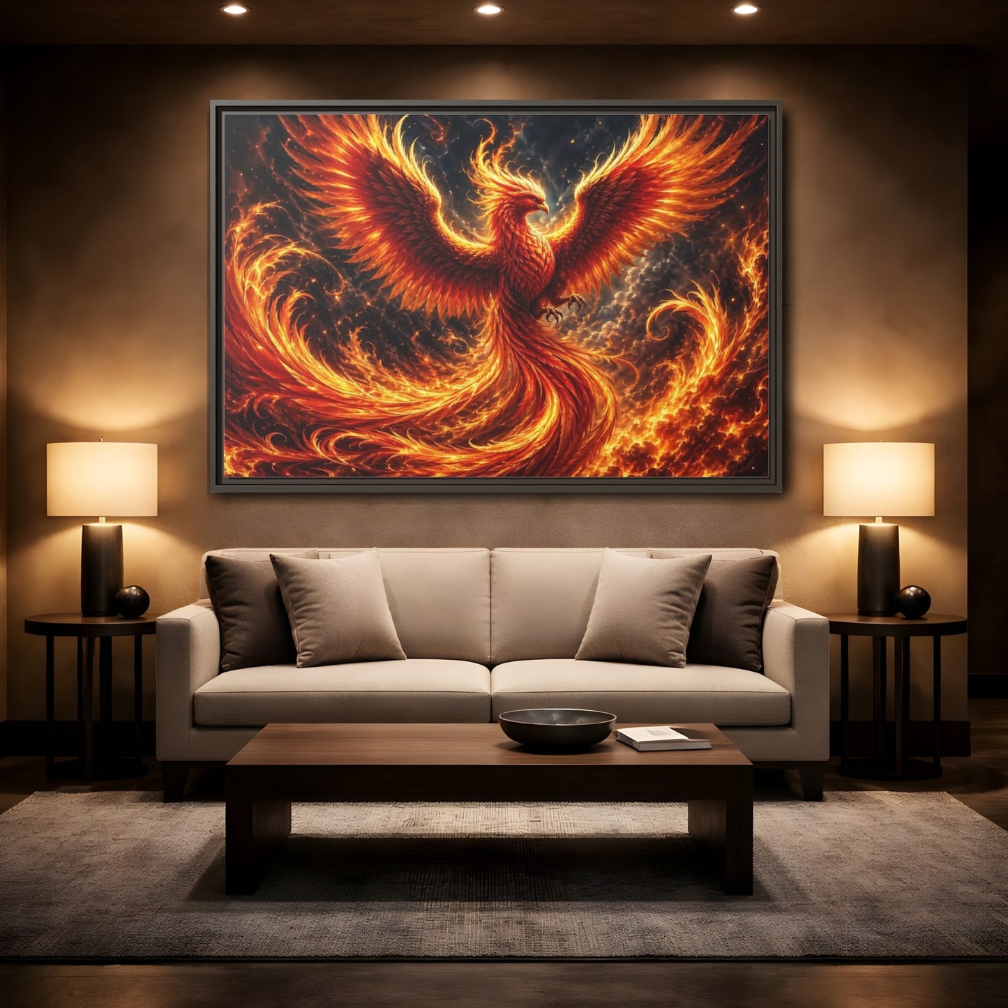 Mockup 2. Fairytale Phoenix Red And Orange Phoenix shown as stretched canvas wall art