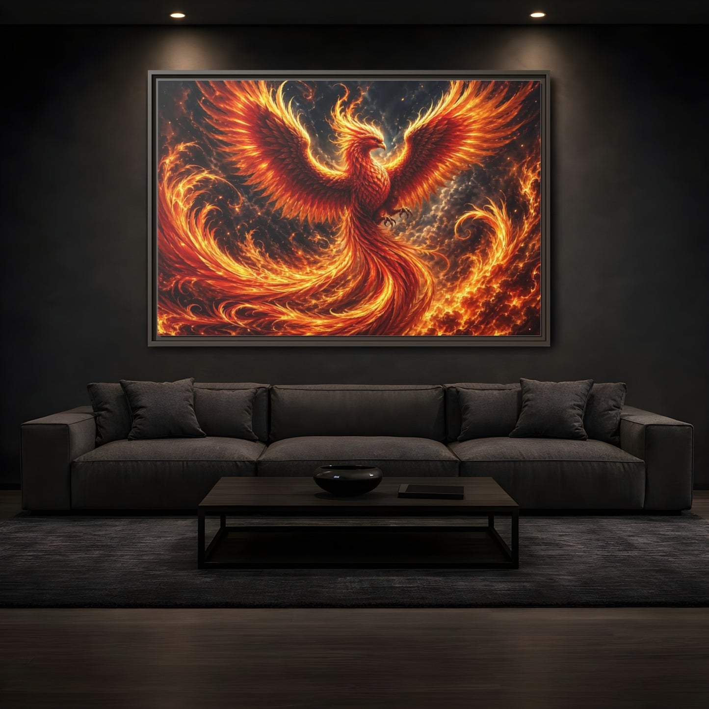 Mockup 3. Fairytale Phoenix Red And Orange Phoenix shown as stretched canvas wall art