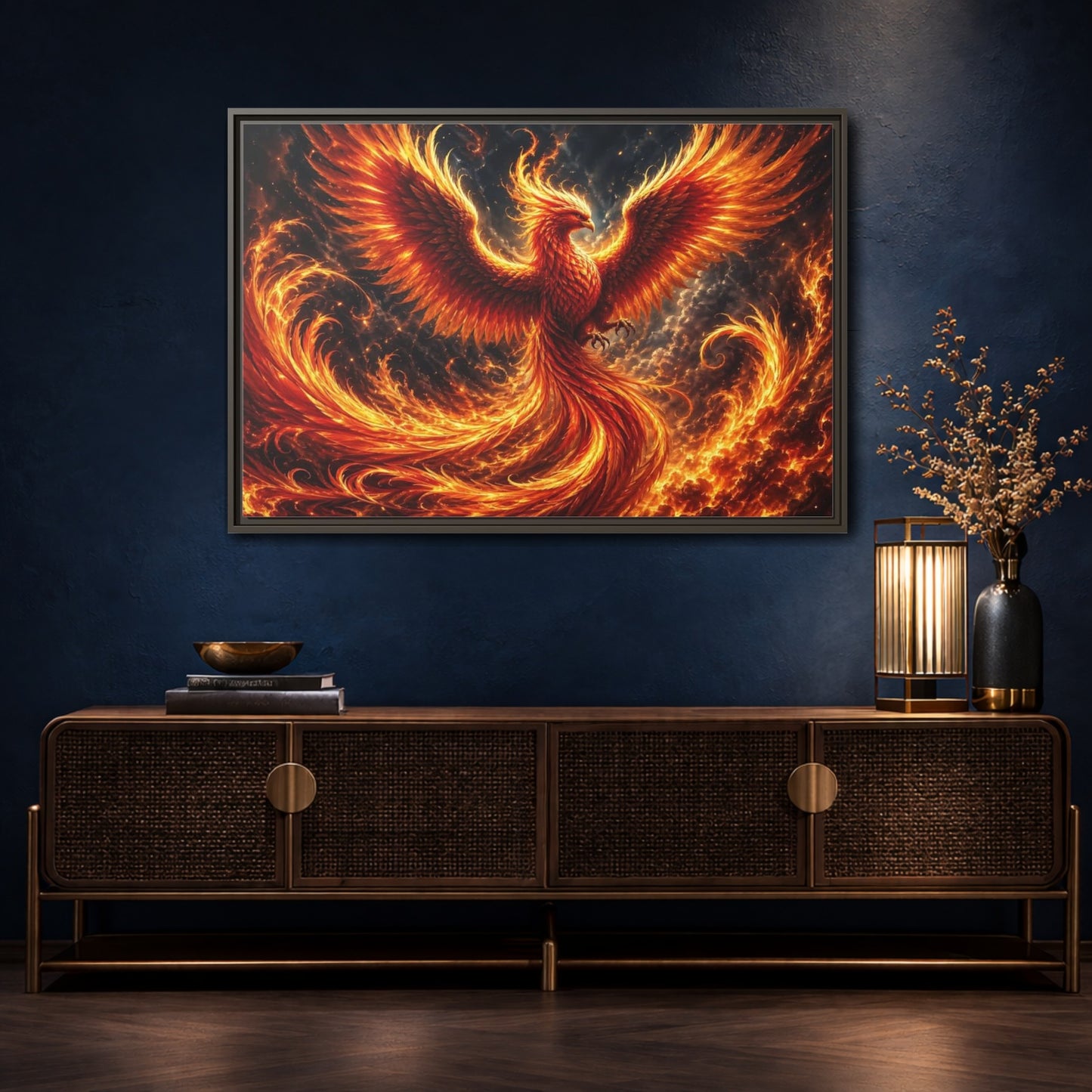 Mockup 4. Fairytale Phoenix Red And Orange Phoenix shown as stretched canvas wall art