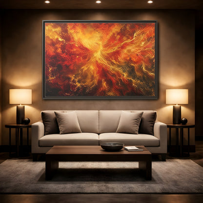 Mockup 2. Fairytale Phoenix Red Gold Phoenix shown as stretched canvas wall art