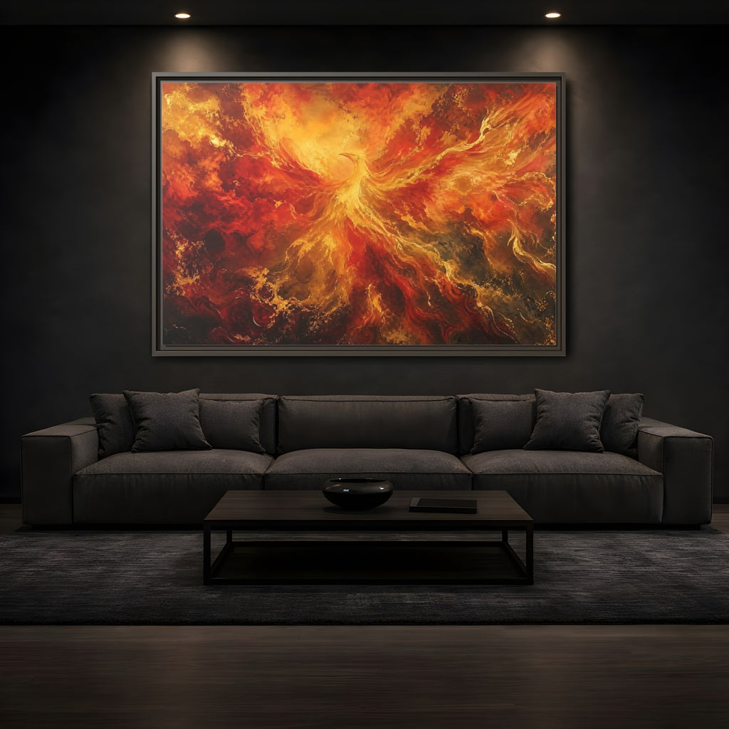 Mockup 3. Fairytale Phoenix Red Gold Phoenix shown as stretched canvas wall art