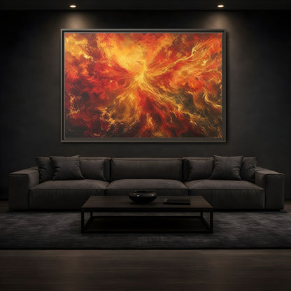 Mockup 3. Fairytale Phoenix Red Gold Phoenix shown as stretched canvas wall art
