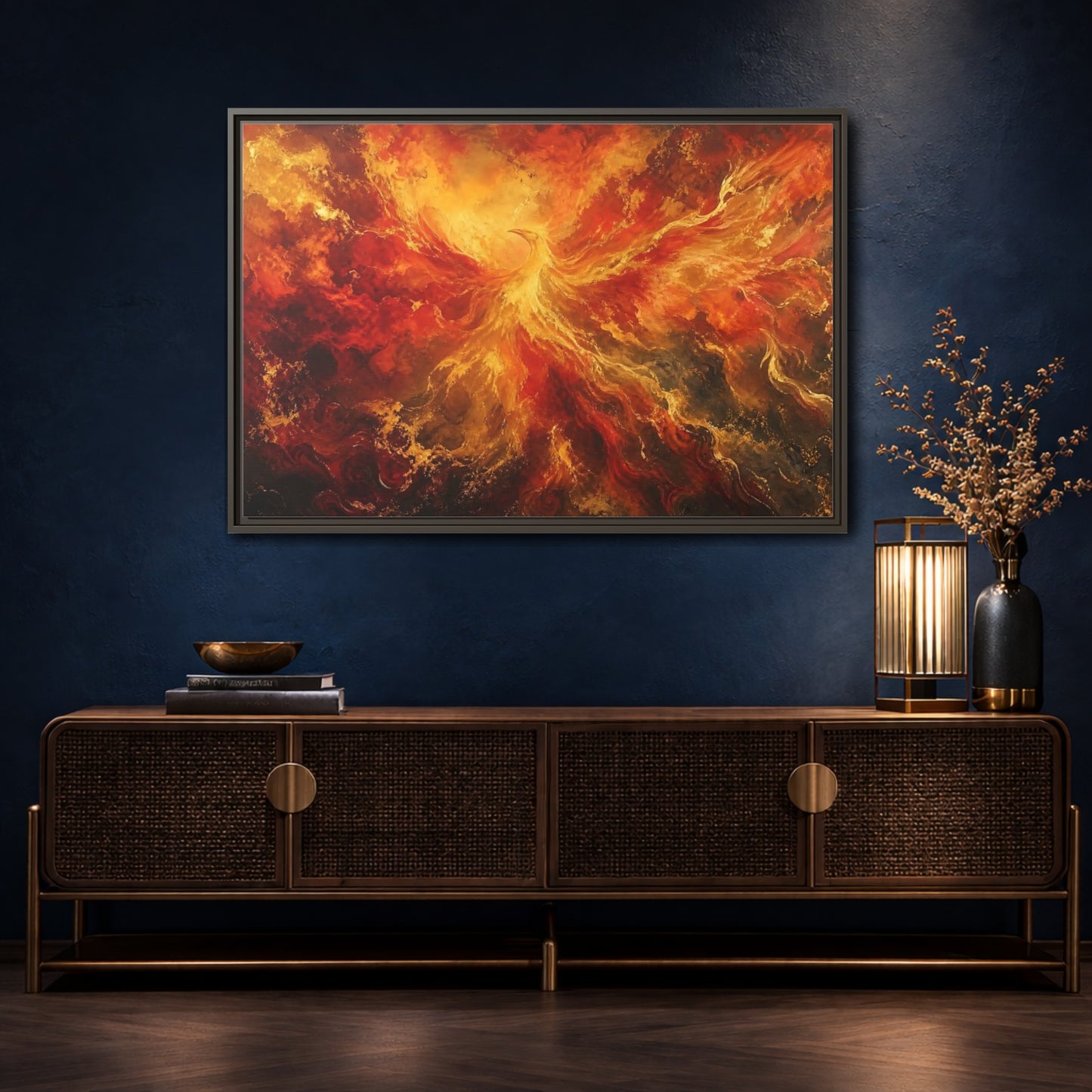 Mockup 4. Fairytale Phoenix Red Gold Phoenix shown as stretched canvas wall art