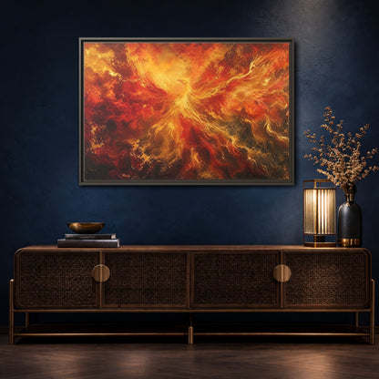 Mockup 4. Fairytale Phoenix Red Gold Phoenix shown as stretched canvas wall art