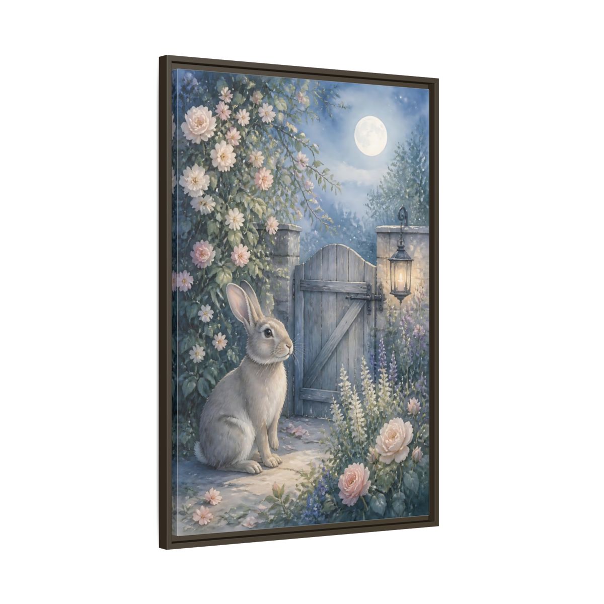 Main Mockup. Fairytale Rabbit Moonlit Garden shown as stretched canvas wall art