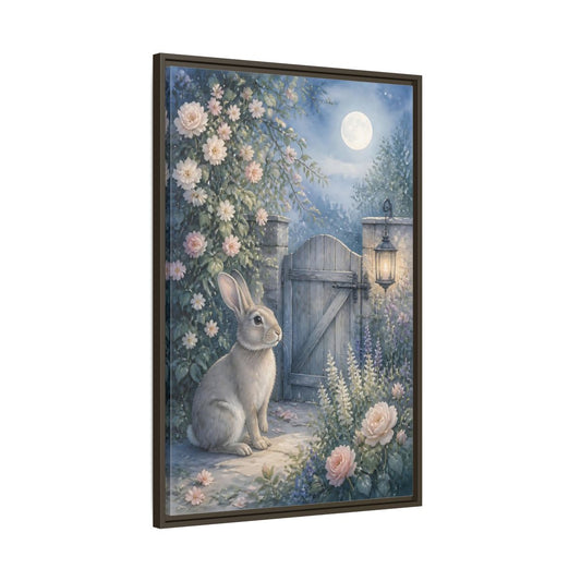 Main Mockup. Fairytale Rabbit Moonlit Garden shown as stretched canvas wall art