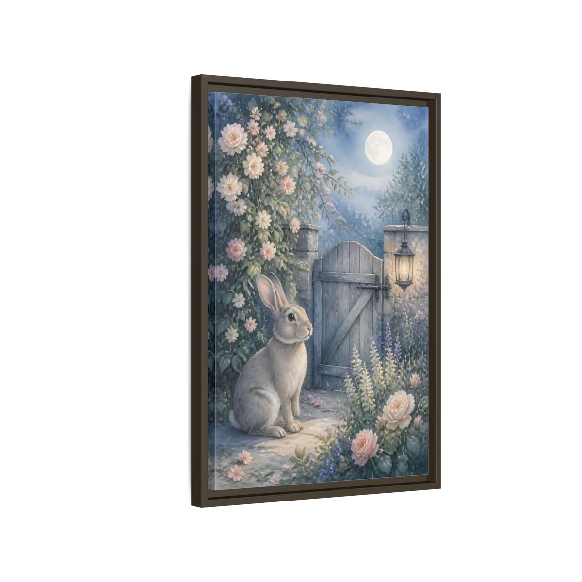 Side Mockup 2. Fairytale Rabbit Moonlit Garden shown as stretched canvas wall art