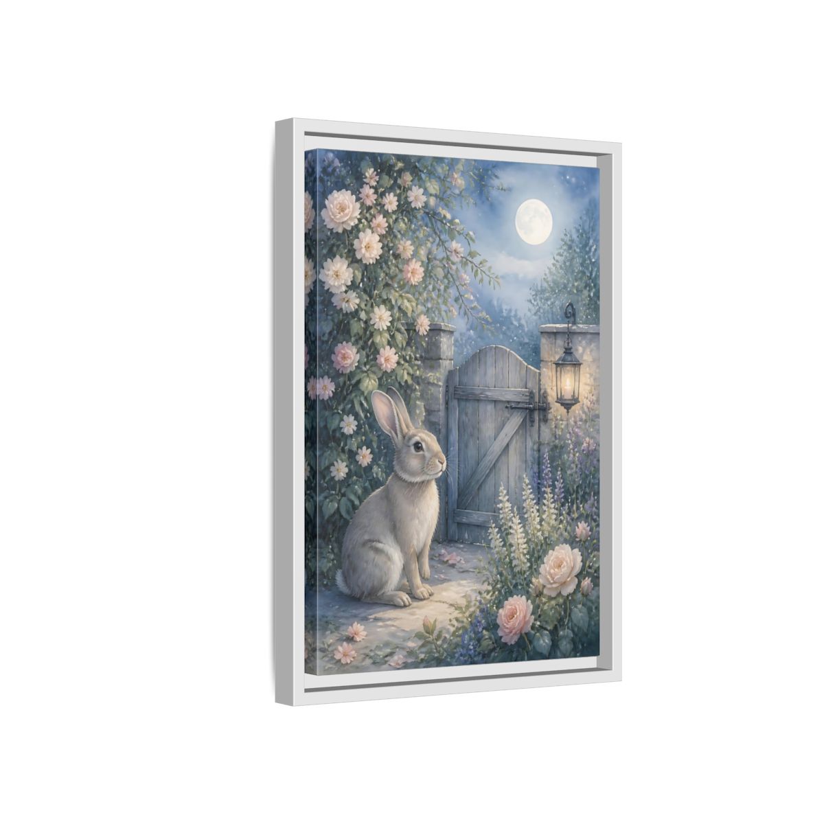 Side Mockup 4. Fairytale Rabbit Moonlit Garden shown as stretched canvas wall art