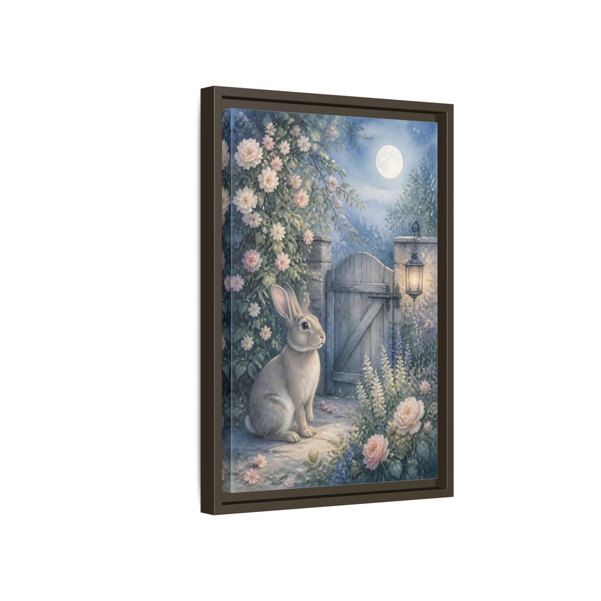 Side Mockup 5. Fairytale Rabbit Moonlit Garden shown as stretched canvas wall art