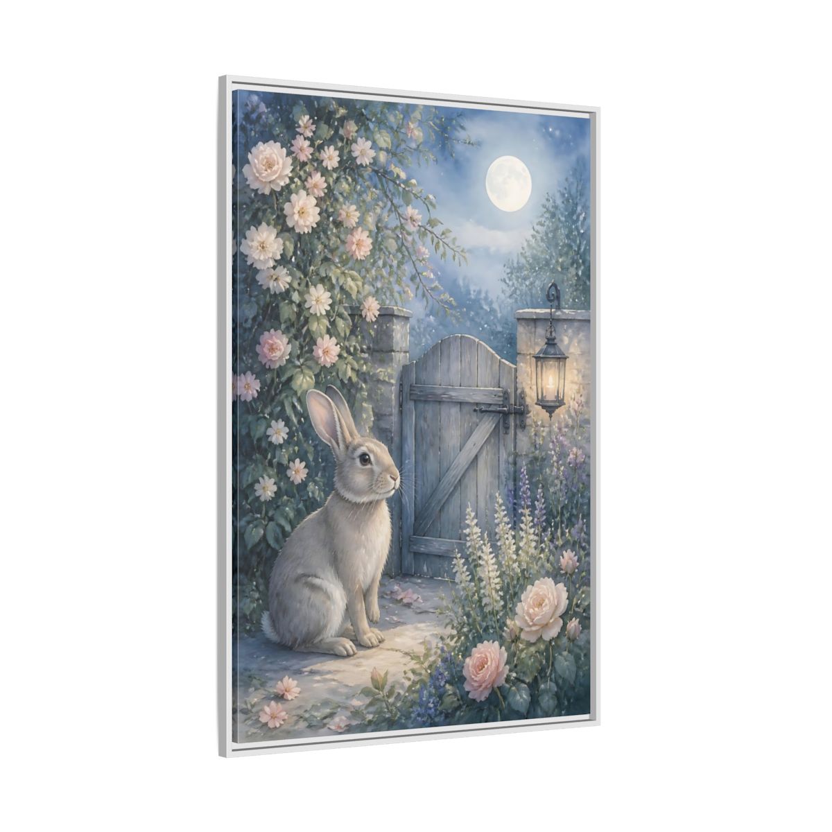 Side Mockup 7. Fairytale Rabbit Moonlit Garden shown as stretched canvas wall art