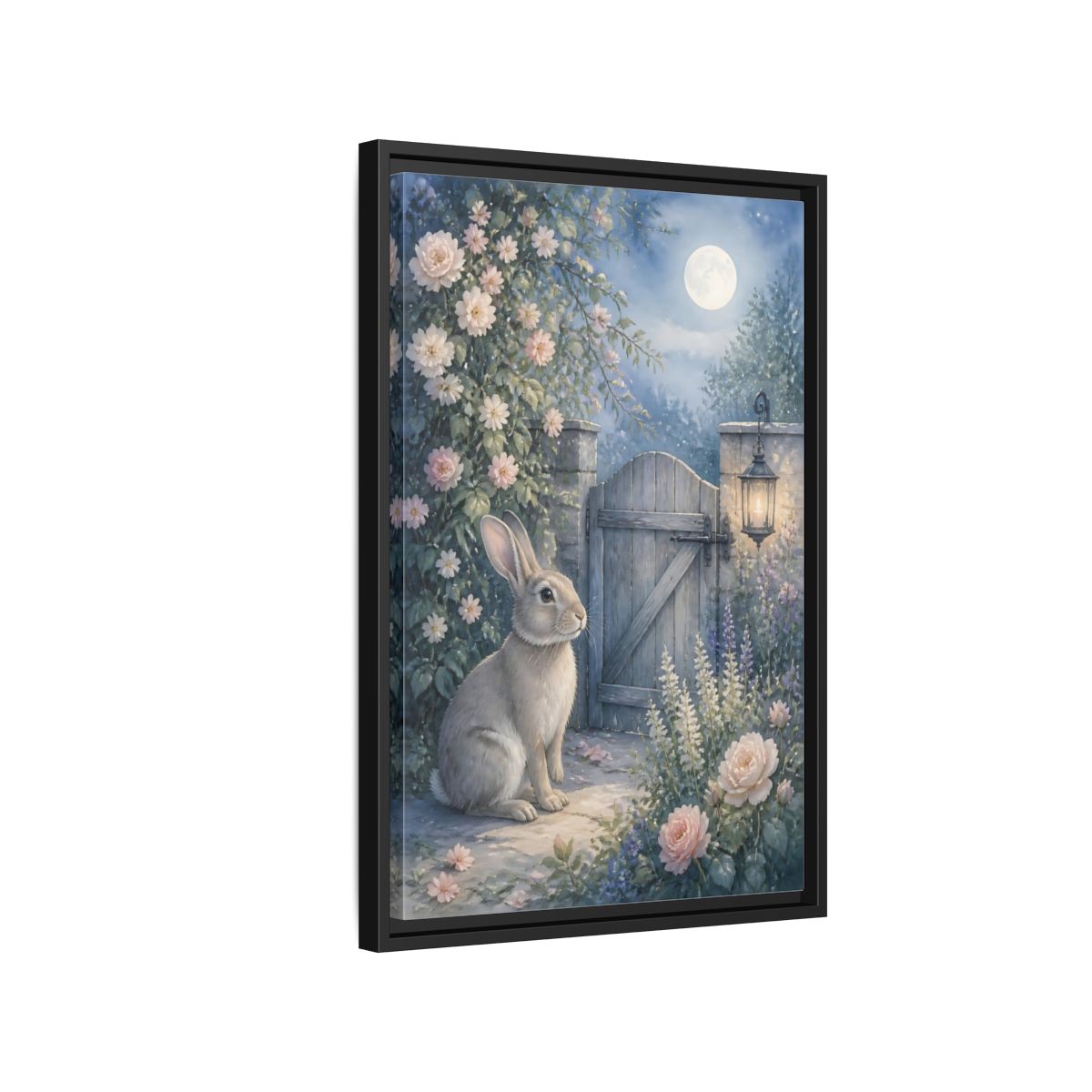 Side Mockup 3. Fairytale Rabbit Moonlit Garden shown as stretched canvas wall art