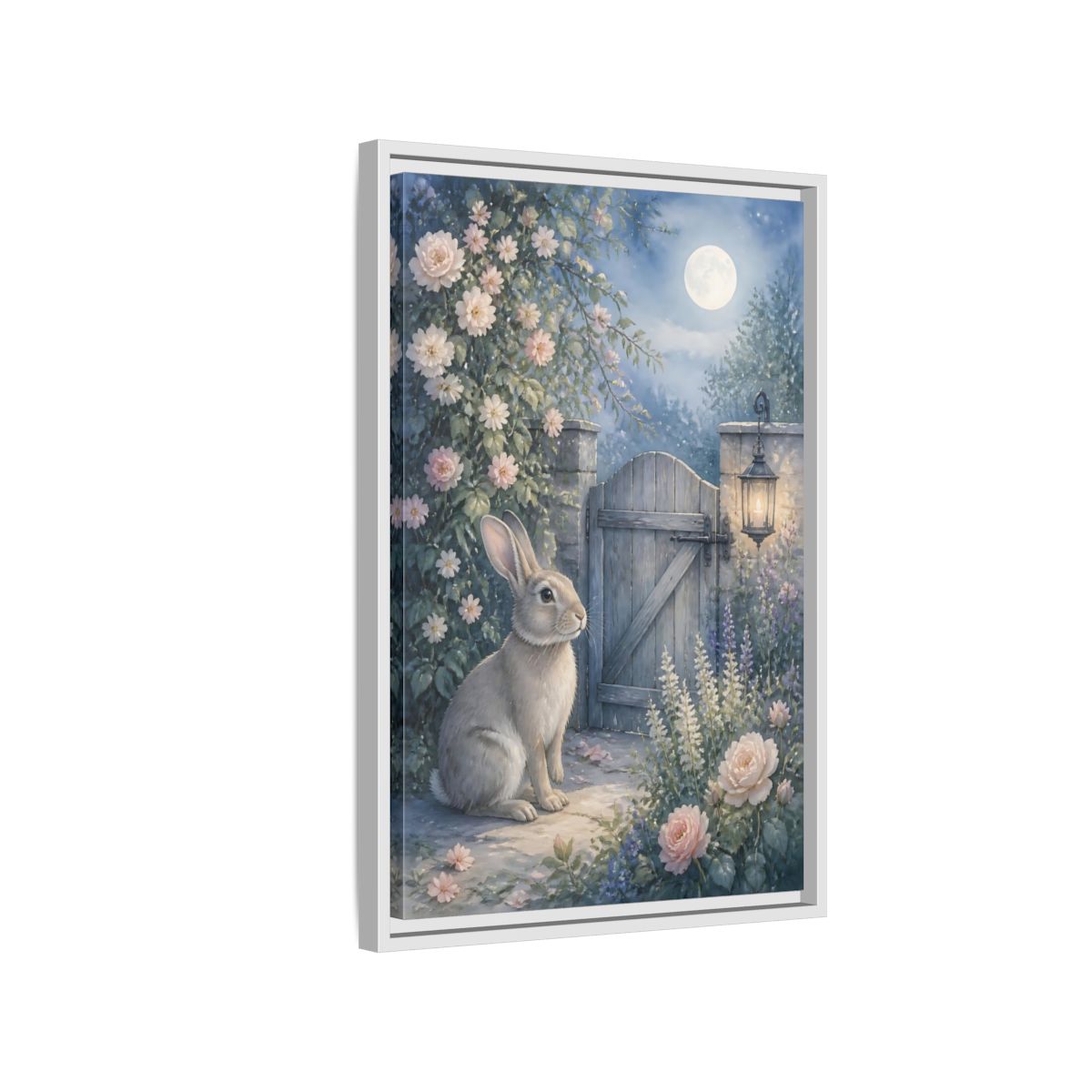 Side Mockup 1. Fairytale Rabbit Moonlit Garden shown as stretched canvas wall art