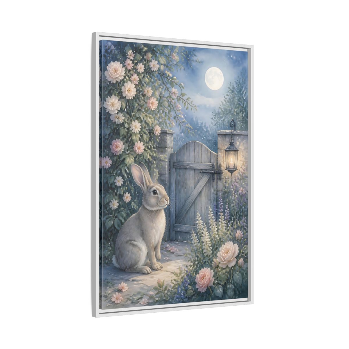 Side Mockup 9. Fairytale Rabbit Moonlit Garden shown as stretched canvas wall art