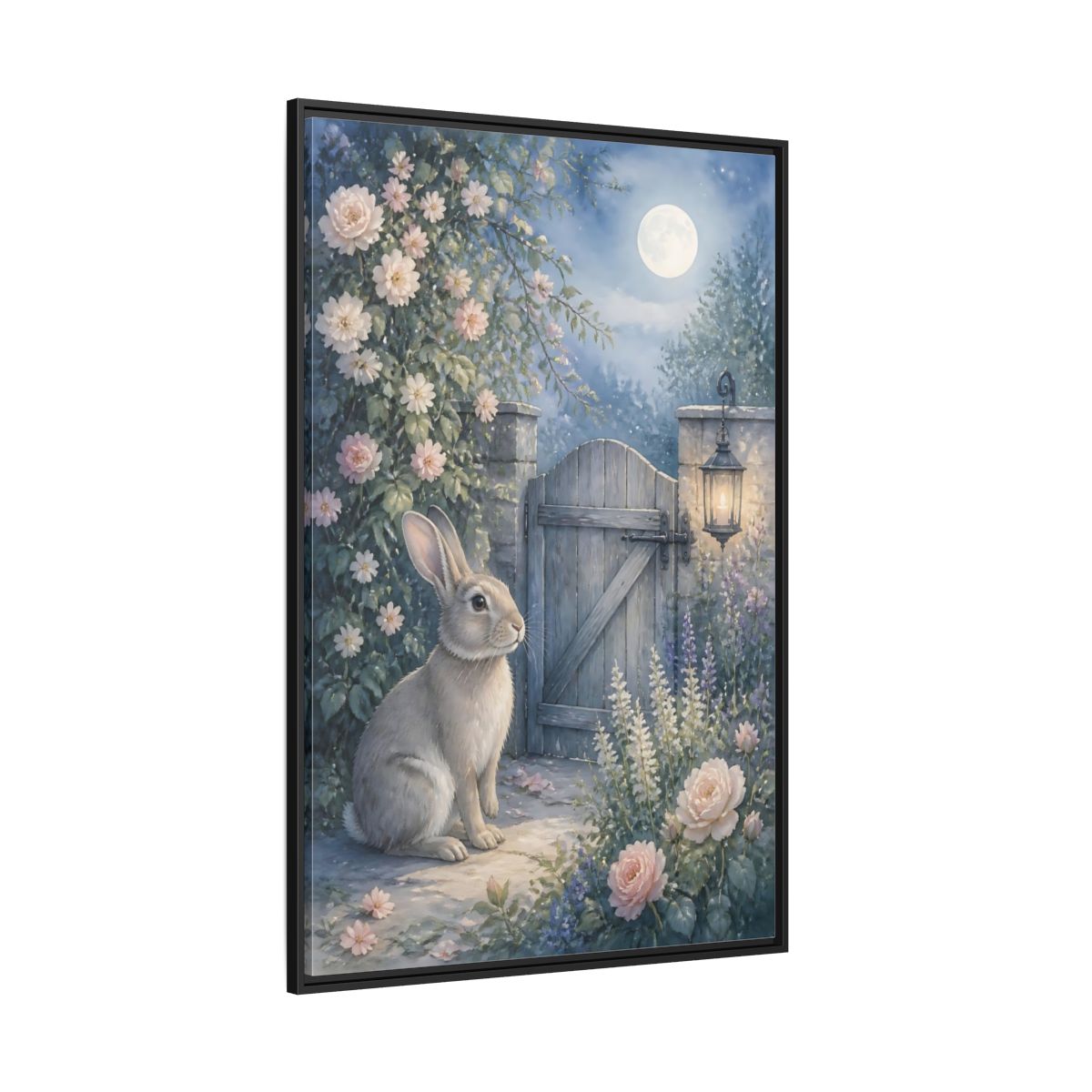 Side Mockup 12. Fairytale Rabbit Moonlit Garden shown as stretched canvas wall art