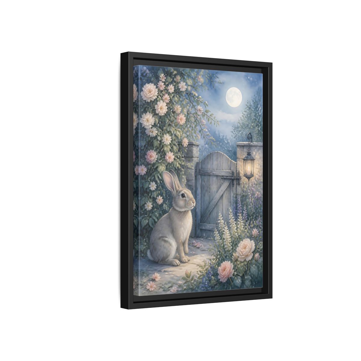Side Mockup 6. Fairytale Rabbit Moonlit Garden shown as stretched canvas wall art