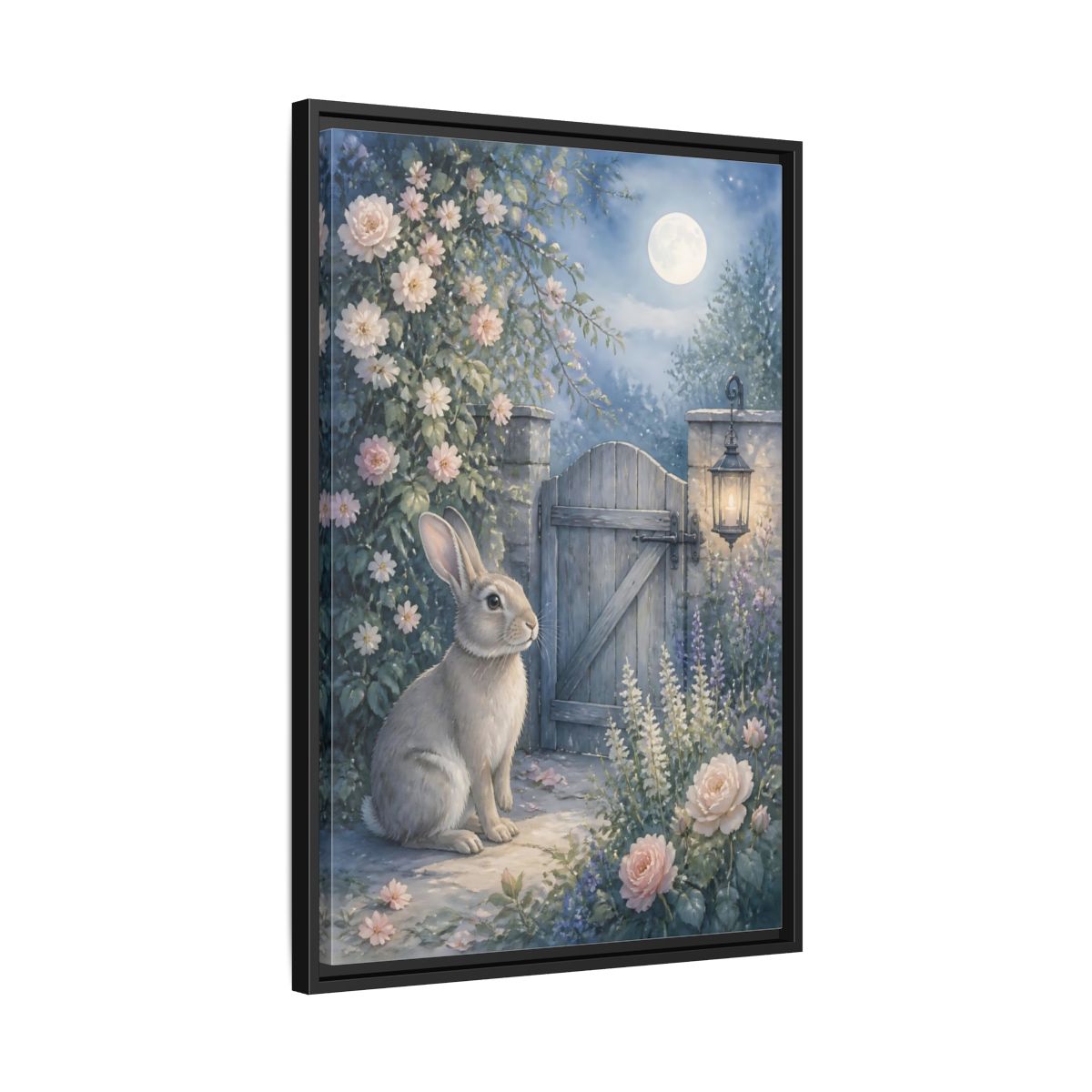 Side Mockup 14. Fairytale Rabbit Moonlit Garden shown as stretched canvas wall art
