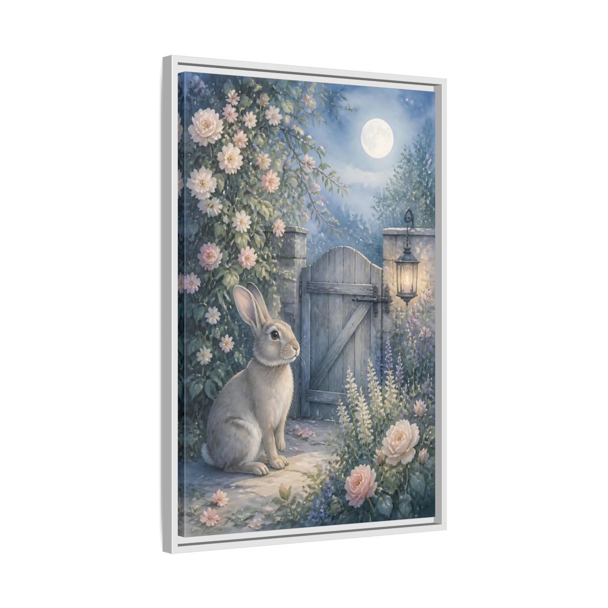 Side Mockup 10. Fairytale Rabbit Moonlit Garden shown as stretched canvas wall art