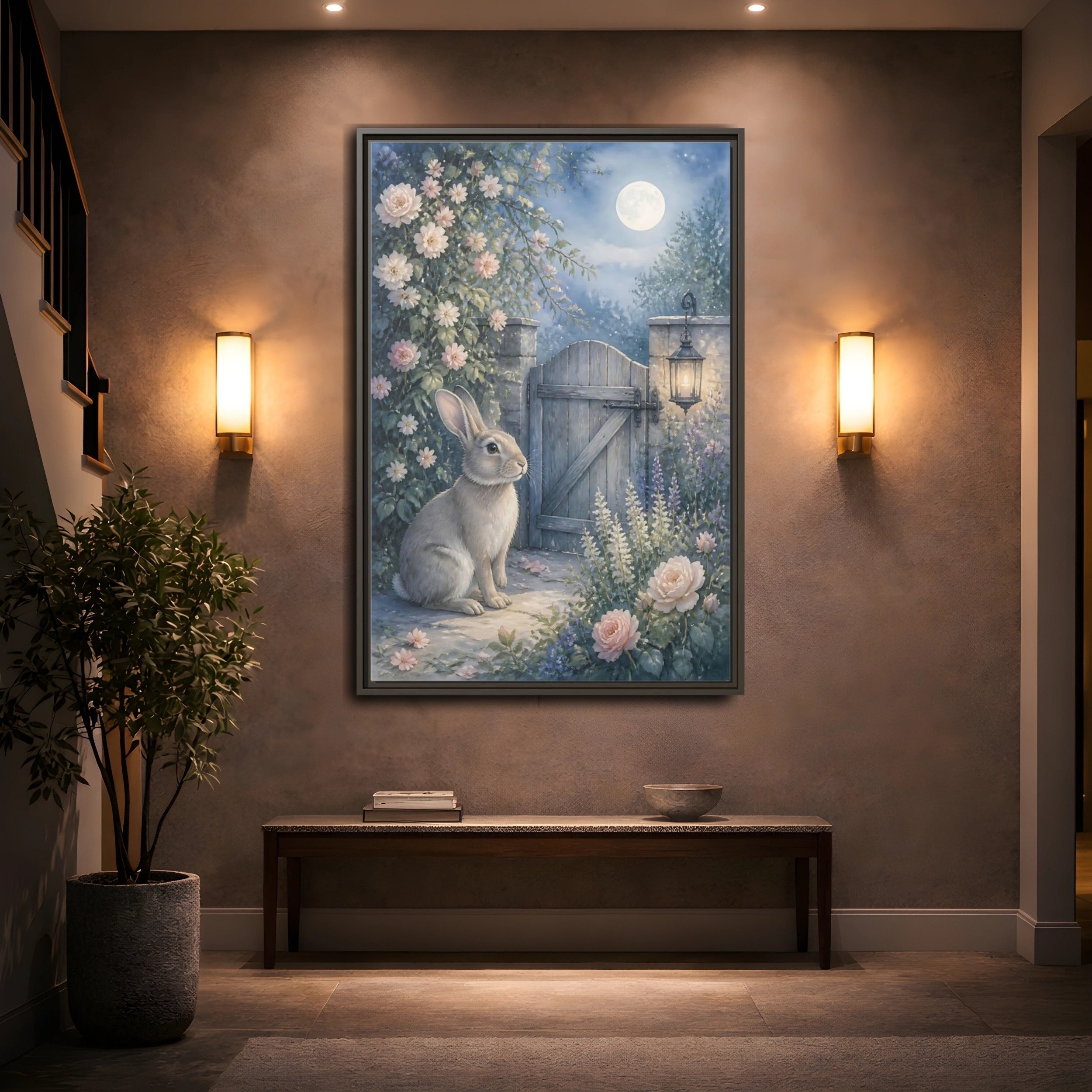 Mockup 2. Fairytale Rabbit Moonlit Garden shown as stretched canvas wall art