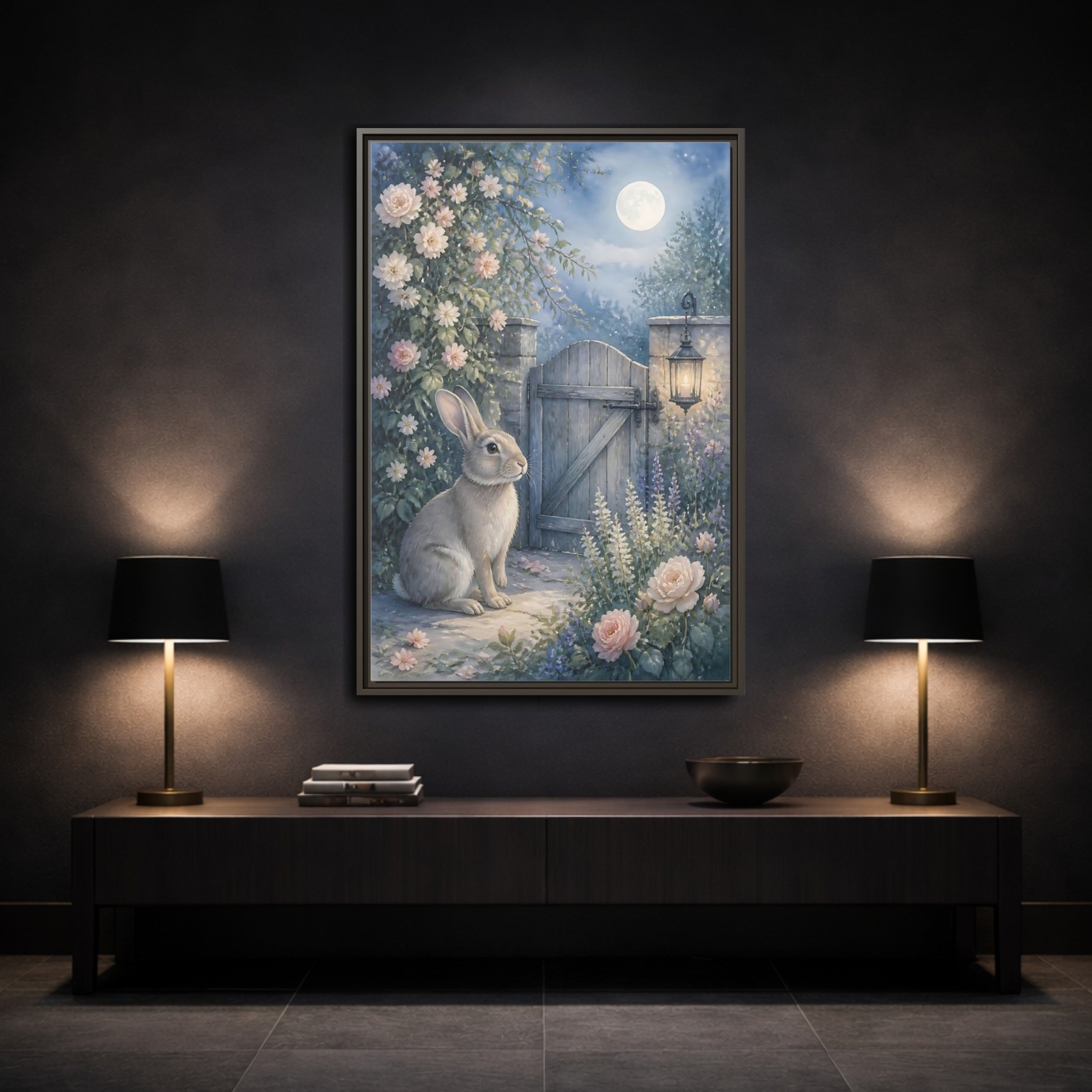 Mockup 3. Fairytale Rabbit Moonlit Garden shown as stretched canvas wall art
