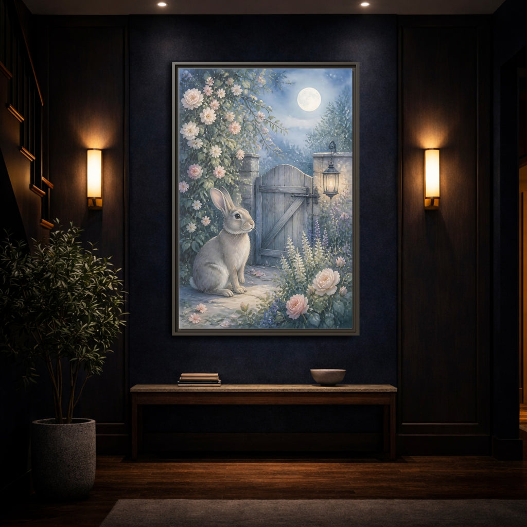 Mockup 4. Fairytale Rabbit Moonlit Garden shown as stretched canvas wall art
