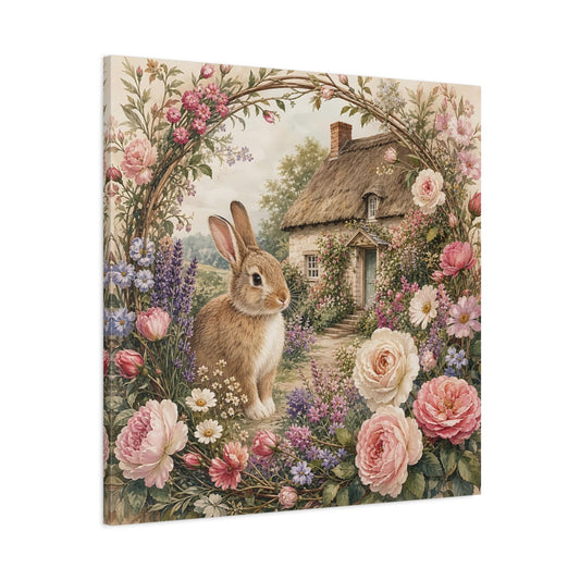 Main Mockup. Fairytale Rabbit Whimsical Cottage Garden shown as stretched canvas wall art