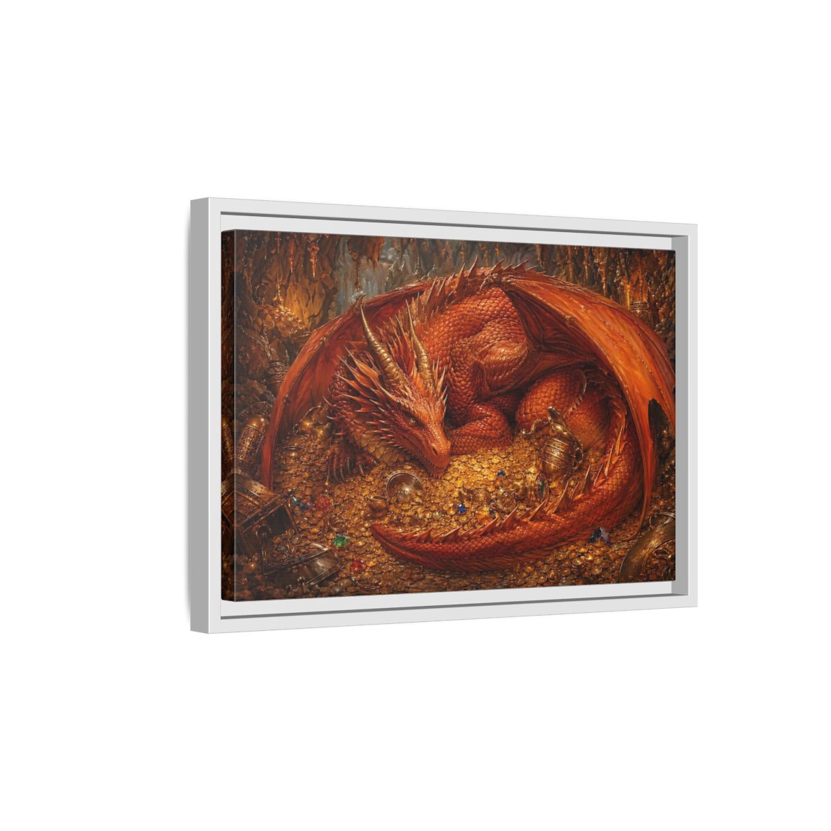 Side Mockup 4. Fairytale Red Dragon Red Dragon Gold shown as stretched canvas wall art