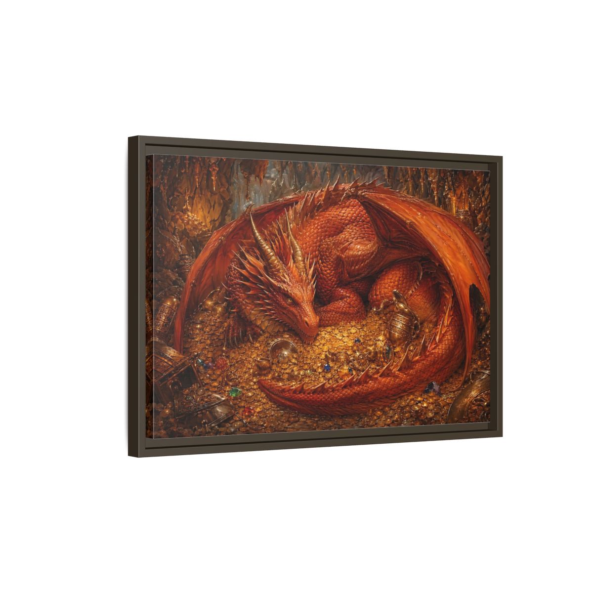Side Mockup 2. Fairytale Red Dragon Red Dragon Gold shown as stretched canvas wall art
