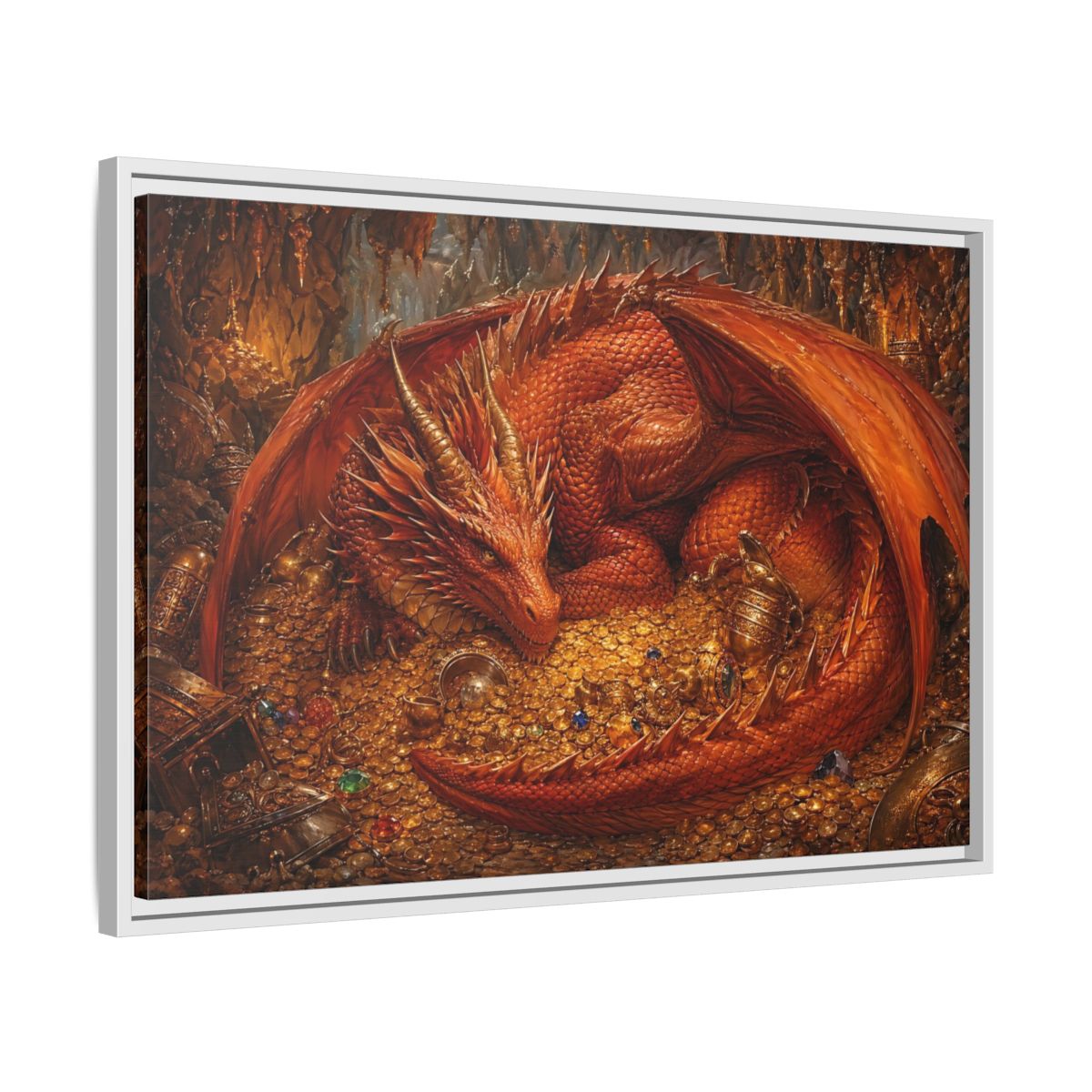 Side Mockup 10. Fairytale Red Dragon Red Dragon Gold shown as stretched canvas wall art