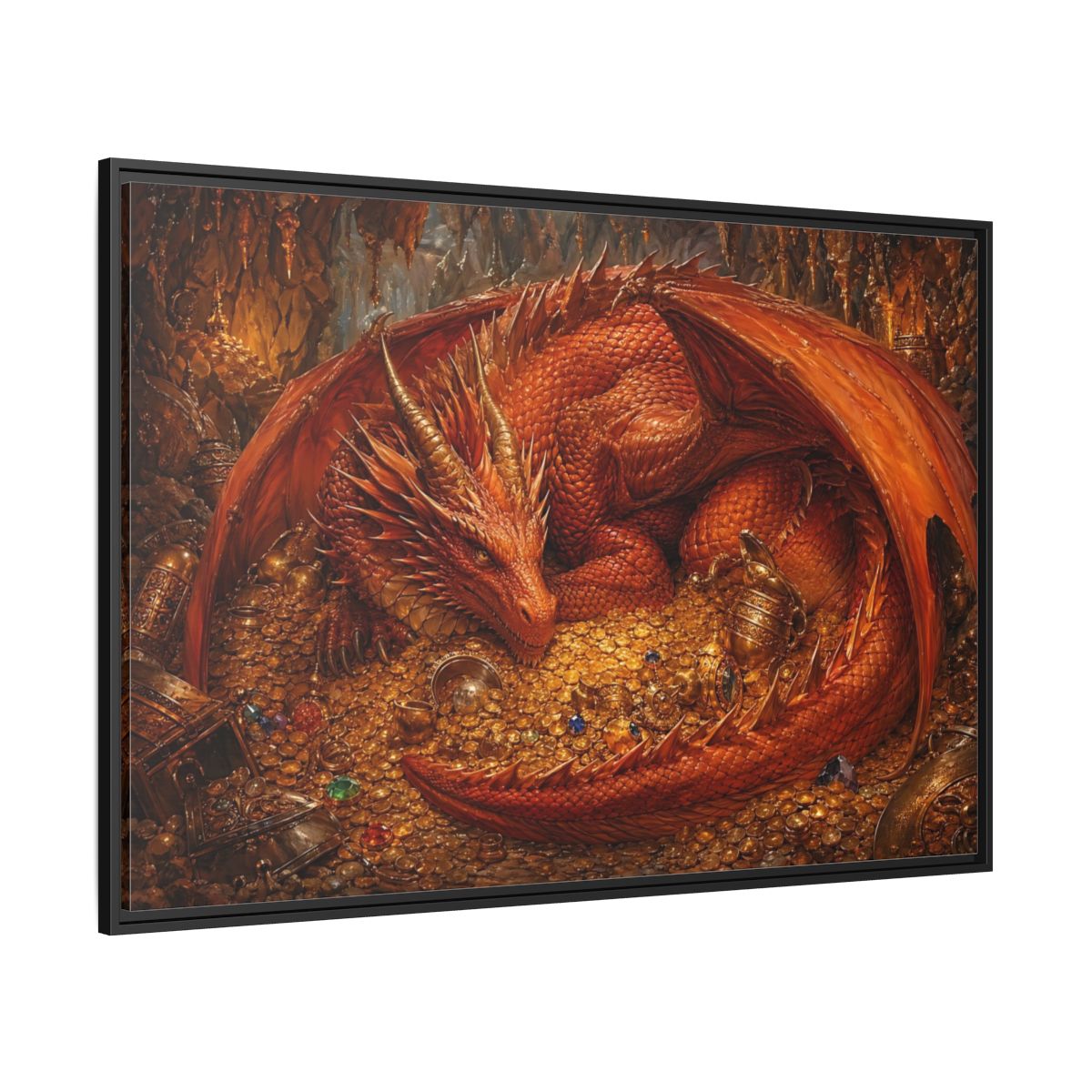 Side Mockup 12. Fairytale Red Dragon Red Dragon Gold shown as stretched canvas wall art