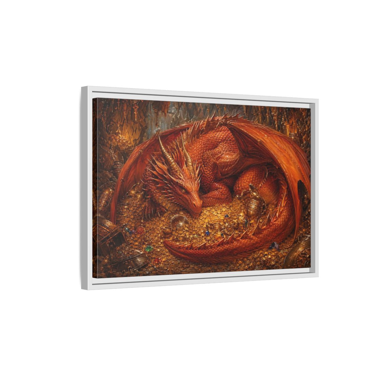 Side Mockup 1. Fairytale Red Dragon Red Dragon Gold shown as stretched canvas wall art