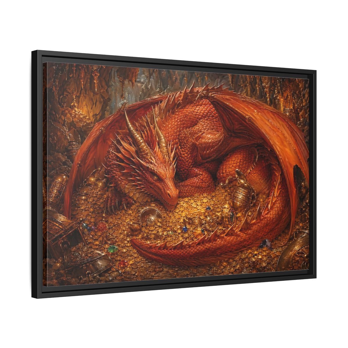 Side Mockup 14. Fairytale Red Dragon Red Dragon Gold shown as stretched canvas wall art